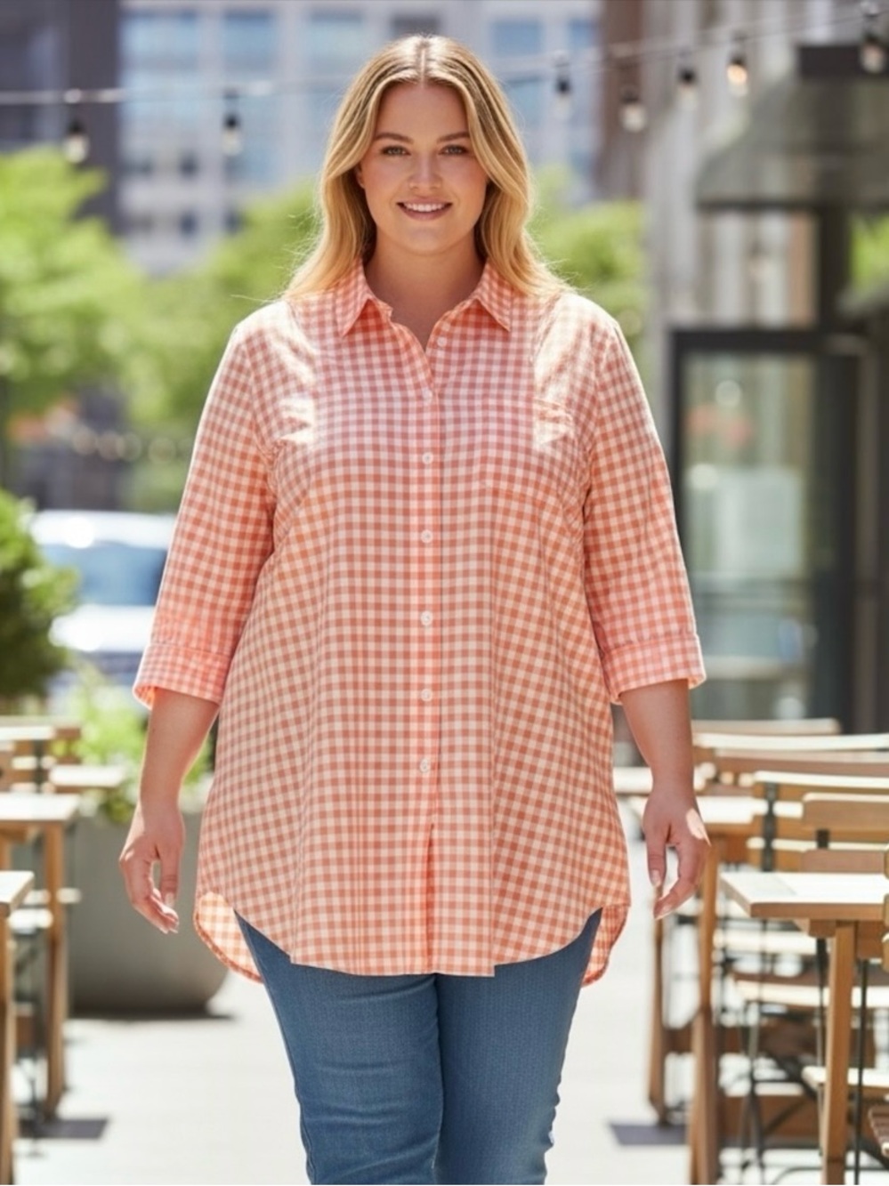 Lands’ End No Iron 100% Supima Cotton Gingham Blouse Coral Peach 3/4 Sleeve 16W
